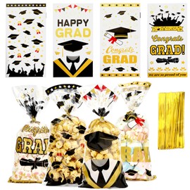 Leislam Graduation Treat Bags, Graduation Cellophane Treat Bags, 200 PCS Graduation Gift Bags, Graduation Cello Candy Cookie Bags with 200 Pcs Gold Ties for Graduation Party Favors Supplies, 4 Styles