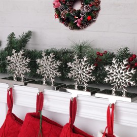 Set of 4 Christmas Snowflake Stocking Holders for Mantle, 3D Sliver 8 Corners Snowflake Sturdy Stocking Hook Christmas Ornaments for Tables Window Fireplace Mantle Home Decoration