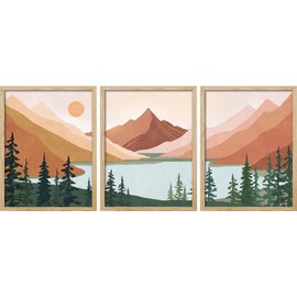 SIGNWIN Framed Set Geometric Mountain Forest Lake Wall Art, Set of 3 Abstract Nature Illustrations Wall Decor Prints, Nordic Wall Décor for Living Room, Bedroom - 11"x14" Natural