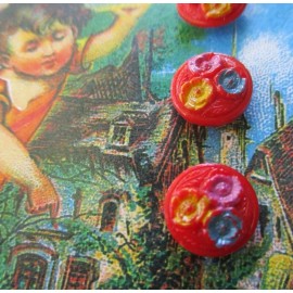 Set of 4~Vintage Demi 3/8” Painted  red  flower Glass Charm String Buttons ~NOS