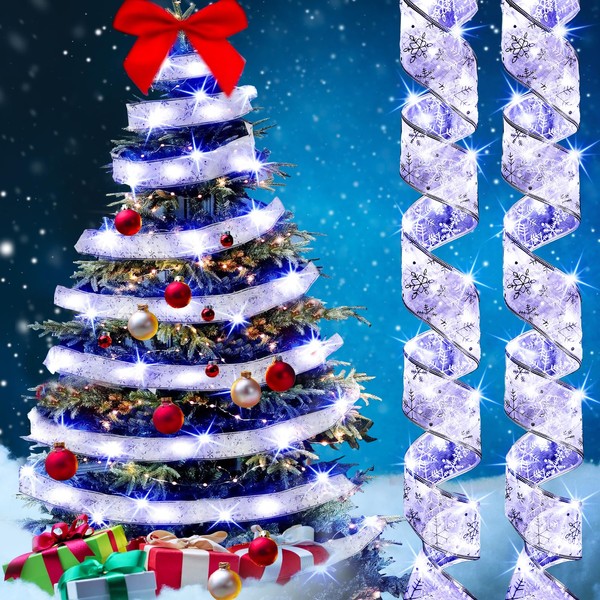 Vanjehou Christmas Tree Ribbon,Silver Ribbon Lights Tree Decoration,2 Packed 30ft with 180 LED,Battery Operated String Lights Wire Ribbon Lights for Xmas Tree Christmas Decorations Indoor Outdoor
