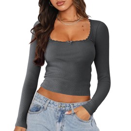 NODHUT Women's Long Sleeve Crop Top Sexy Ribbed Knit Bow Knot T Shirts Cute Square Neck Going Out Lace Tops Dark Grey S