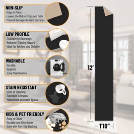 Machine Washable Modern Solid Design Non-Slip Rubberback 2x12 Traditional Runner Rug for Hallway, Kitchen, Bedroom, Living Room, 1'10" x 12', Black