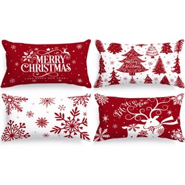 Lanpn White and Red 12x20 Christmas Lumber Pillow Covers Set of 4, Decorative Rectangle Long 12 x 20 Winter Snowflake Throw Pillow Case Xmas Cushion Cover for Indoor House Sofa Red