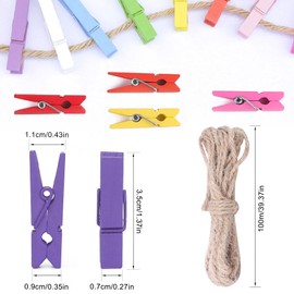 guangyuan 100 Wooden Mini Crafts Pegs Photo Pegs and10M String, Mini Clothes Clips 3.5cm Natural Small Pegs for Hanging Photos,Wooden Pegs for Photo Wall Display,Craft,Weddings & Party