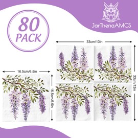 JarThenaAMCS 80Pcs Wisteria Paper Napkins Purple Flower Luncheon Napkin Watercolor Floral Dessert Dinner Hand Napkin for Spring Wedding Bridal Shower Birthday Party Supplies