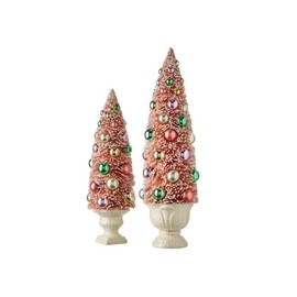 RAZ Imports 2021 Peppermint Parlor 17.5-inch Bottle Brush Tree with Ornaments in Urn, Set of 2