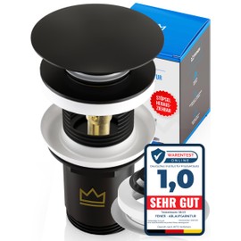 FEINER Universal Sink Drain Fitting for Washbasins and Washbasins of All Types (Matt Black) with Overflow, Free Replacement Seals & Installation with Instructions (English language not guaranteed)