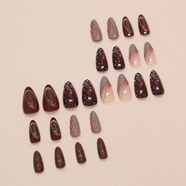 24Pcs Medium Almond Press on Nails Brown Acrylic False Nails With Butterfly Designs Fake Fingernails 3D Gold Curve Line Glossy Full Cover Artificial Fale Nails Kit Reusable Women Girls Manicure