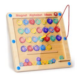 Gamenote Magnetic Alphabet Maze Board with 4 Activity Cards, Wooden Matching Letter Game