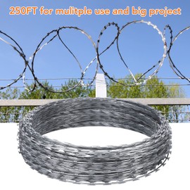 Towallmark Razor Wires, 250FT Razor Barbed Wire, 50FT Per Roll Razor Wire Fencing Razor Fence, Barbed Wire Galvanized Steel Razor Wire for Garden, Fence