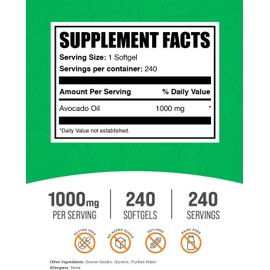 BulkSupplements.com Avocado Oil 1000mg Softgels - Avocado Oil Supplement, Avocado Oil Capsules, Avocado Oil Pills - Gluten Free & Soy Free, 1 Avocado Oil Softgel per Serving, 240 Softgels