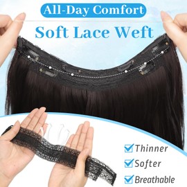 KooKaStyle Invisible Wire Hair Extensions 20‘’ Long Wavy Layered Synthetic Clip in Hair Extensions with Transparent Wire Adjustable Size 6 Secure Clips Dark Brown Thick Hairpieces for Women 20 Inch