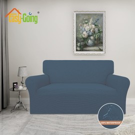 Easy-Going 100% Waterproof Loveseat Couch Cover, Dual Waterproof Sofa Cover, Stretch Jacquard Sofa Slipcover, Leakproof Furniture Protector for Kids, Pets, Dog and Cat (Loveseat, Bluestone)