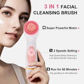 Cepillo de Limpieza Facial, Exfoliador de Doble Rotación Impermeable con 3 Cabezas de Cepillo y 2 Velocidades Ajustables, Cepillos Faciales Exfoliante