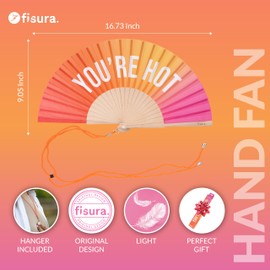 Fisura – Original Folding Fan with Message “you are h*t, Wooden hand fan folding for women, Gradient pink Design with Hanger for wedding, rave, festival - Size: 42.5 x 23 cm