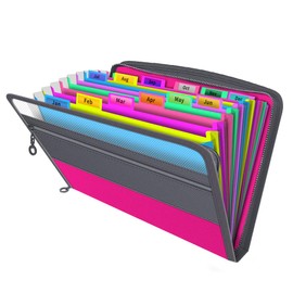 Vanulee Expanding File Folder, Accordion Document Box File Organiser with 13 Multicolour Pockets and Labels,A4 Paperwork Filing Folders, Pink