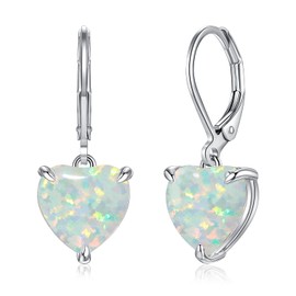 CiNily Heart Opal Earrings Leverback Drop Earring for Women Hypoallergenic, Pendant Earrings 14K White Gold Dangle Earring White Opal Hoops Birthday Jewelry