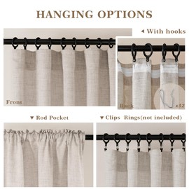 DUKIYO Linen Curtains 63 Inch Length Semi Sheer Flax Linen Textured, Small Drapes for Farmhouse Kitchen Bedroom Apartment, Light Reducing Privacy Curtain Rod Pocket Hook Belt 63 Inches Long 2 Panels