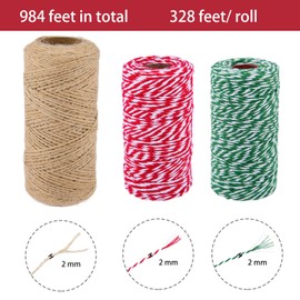 Hapeper 3 Rolls Christmas Twine Red Green Linen Cotton String for Gift Wrapping, Christmas Tree Wreath, Crafts, 984 Feet Totally (Christmas Style 1)