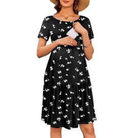 Ekouaer Nursing Dress Summer Short Sleeve Breastfeeding Casual Knee Length Maternity Dresses Black Floral L