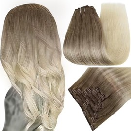 Easyouth Balayage Clip-In Extensions Platinum Blonde with Light Brown Ombre Real Hair Clip Extensions Remy 16 Inches 120 g Real Hair Clip in Extensions Straight