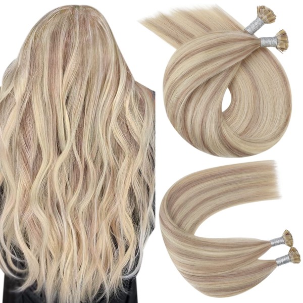 Ugeat Flat Tip Extensions, Keratin Bonds, Remy, Real Hair, 50x 1 g Strands, Hot Fusion, Glue in Hair Extensions, Ash Blonde, Highlighted, Bleached Blonde, #P18/613, 35 cm