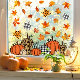 Whaline 6 Sheet Fall Window Clings Maple Leaf Leopard Plaid Print Pumpkin Reusable Window Decals for Autumn Thanksgiving Harvest Home School Party Supplies