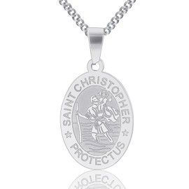 L.Karden Mens Necklace St. Christopher Oval Pendant Stainless Steel Necklacesfor Men/Women Silver-Plated Cuban Chain Patron Saints of Travellers Christening Gifts for Boys Child