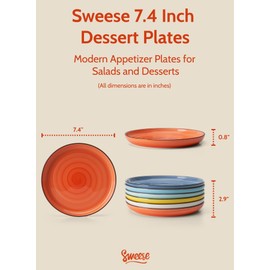 Sweese 7.4 Inch Porcelain Dessert Plates - Round Salad/Appetizer Plate Set, Microwave Dishwasher Safe, 6 Pack, Vibrant Colors