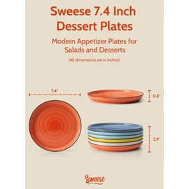 Sweese 7.4 Inch Porcelain Dessert Plates - Round Salad/Appetizer Plate Set, Microwave Dishwasher Safe, 6 Pack, Vibrant Colors