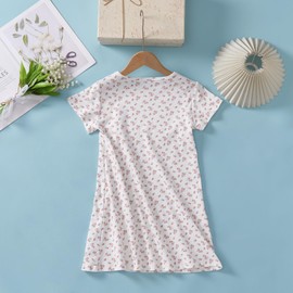 Xrknofio Girls' Floral Nightgowns Toddler Cotton Sleep Shirts Short Sleeve Comfy Nightie Dress Sleepwear Red Size 2-3Years-100