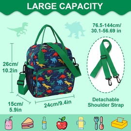 RAVUO Lunch Box for Boys, Dinosaur Insulated Lunch Bag for Kids Children Cute Insulated Cooler Thermal Meal Tote Kit with Handle and Detachable Shoulder Strap
