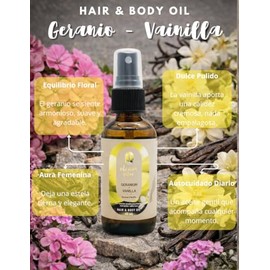 OLEUM VITAE. Hair & Body Oil Geranio-Vainilla. Aceite para Cabello y Cuerpo con Aceite Esencial De Geranio. Máxima Hidratación. 60ml