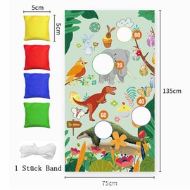 Kiwochy Dinosaurier Wurfspiel mit 4 Bohnentaschen Outdoor Spiele für Kinder Dinosaurier Geburtstag Deko Banner für Party Fotohintergrund Dekoration Waldtiere Thema Party Spiel Banner Fotoaccessoires