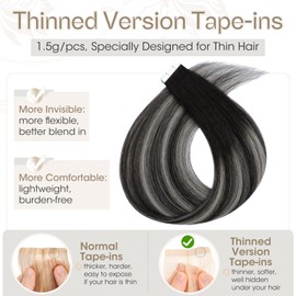 Elailite Tape in Hair Extensions Human Hair Real Human Hair 10 Pcs Invisible Thin Type - Seamless Skin Weft Remy Hair Extension (#Ombre 1B/1B/GREY Natural Black/Natural Black Mix Grey, 18 Inch-15g)