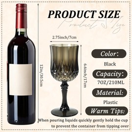 CHLJAR 7oz Plastic Vintage Drinking Glasses Wine Glasses Vintage Champagne Flutes Unbreakable Wedding Glassware Crystal Water Goblets Reusable Drinkware (Black, 12 PCS)