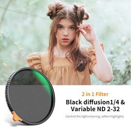 K&F Concept 77mm 1/4 Black-Mist & Variable ND2- ND32 Filters, Multi-functional Black Diffusion Adjustable ND 2-in-1 Filters Neutral Density for DSLR Lens