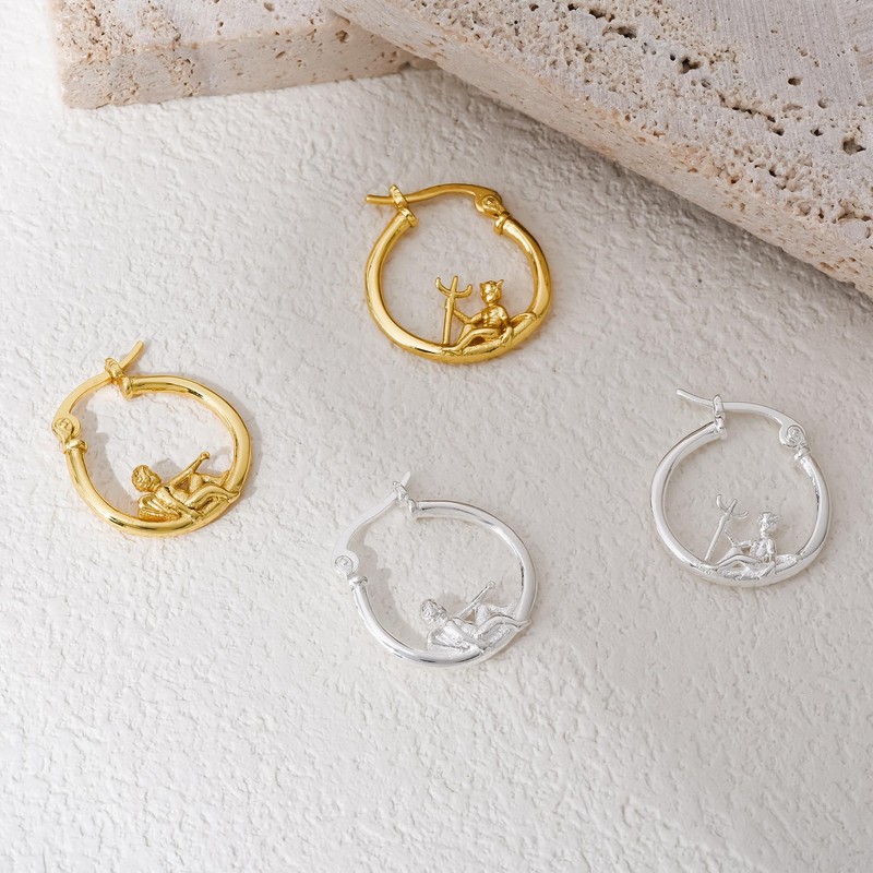 Plikin Angel Devil Mismatched Earrings for Women 14K Gold Plated