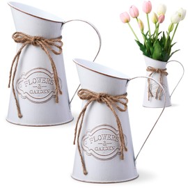 Chumia 2 Pcs Rustic Metal Jug Vase for Flower Milk Can 7.87 Inch Pitcher Flower Vintage Vase Farmhouse Decor Kitchen Bathroom Decor for Home (White)
