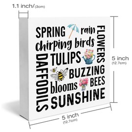Spring Decor Farmhouse Spring Wood Box Sign Spring Decorations Rustic Home Desk Shelf Tabletop Decor 5 x 5 Inches