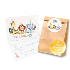 Essi's Stoff Boutique Set of 10 zoo animal invitation cards and party bags - safari children's birthday set with goodie bag