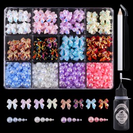 3D Nail Charms Flatback Pearls Set,8 Colors Bow Nail Rhinestones 7 Sizes 4 Colors 1-9mm Nail Pearls Jewels for Nails Design Manicure DIY Crafts Jewelry Accessories