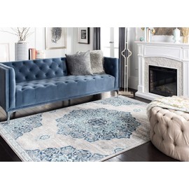SAFAVIEH Brentwood Collection BNT849M Medallion Distressed Non-Shedding Living Room Bedroom Area Rug, 5' x 5' Square, Navy / Light Grey