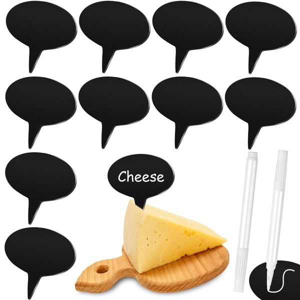 30 Pieces Cheese Markers for Charcuterie Board Black Cheese Labels Acrylic Food Labels for Party Buffet Oval Cheese Name Tag Cupcake Toppers Picks with 2 Erasable Markers for Dinner Wedding Birthday