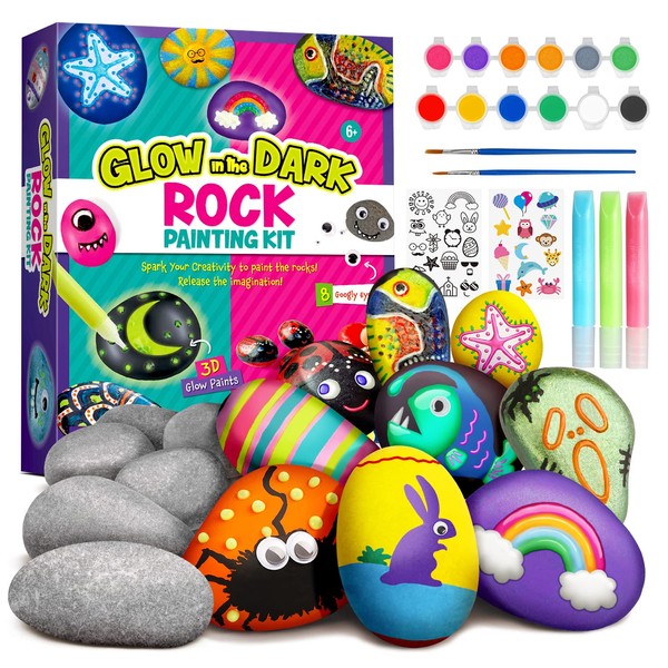 Rock Painitng Kit - Arts and Crafts for Kids - Paint Your Own Rock Sets for Kids with Glow in The Dark Painting - Gifts for Kid Ages 5 6 7 8 9 10 Years Old Boys & Girls
