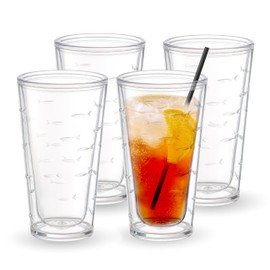 KLIFA- CHARLESTON- 20 oz, Set of 4, Fish Plastic Insulated Tumbler Set, School of Fish Acrylic Double-wall Drinking Glass, BPA-Free, Plastic Drinkware, Dishwasher Safe, Clear