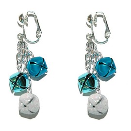 Blue & White Jingle Bell Christmas Clip On Dangle Earrings (H282clip)