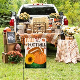 PANDICORN Fall Football Garden Flag 12x18 Inch Double Sided Pumpkin Outdoor Fall Football Party Decorations Sign Autumn Farmhouse Small Burlap Garden Flags for Outside Porch Patio Yard Decor