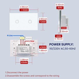 LOUYSGEN 1000W Touch Light Switch, Single-Gang 2-Button, No Neutral Wire Required, Non-Dimmable Tempered Glass Wall Switch, 110–220V AC, White